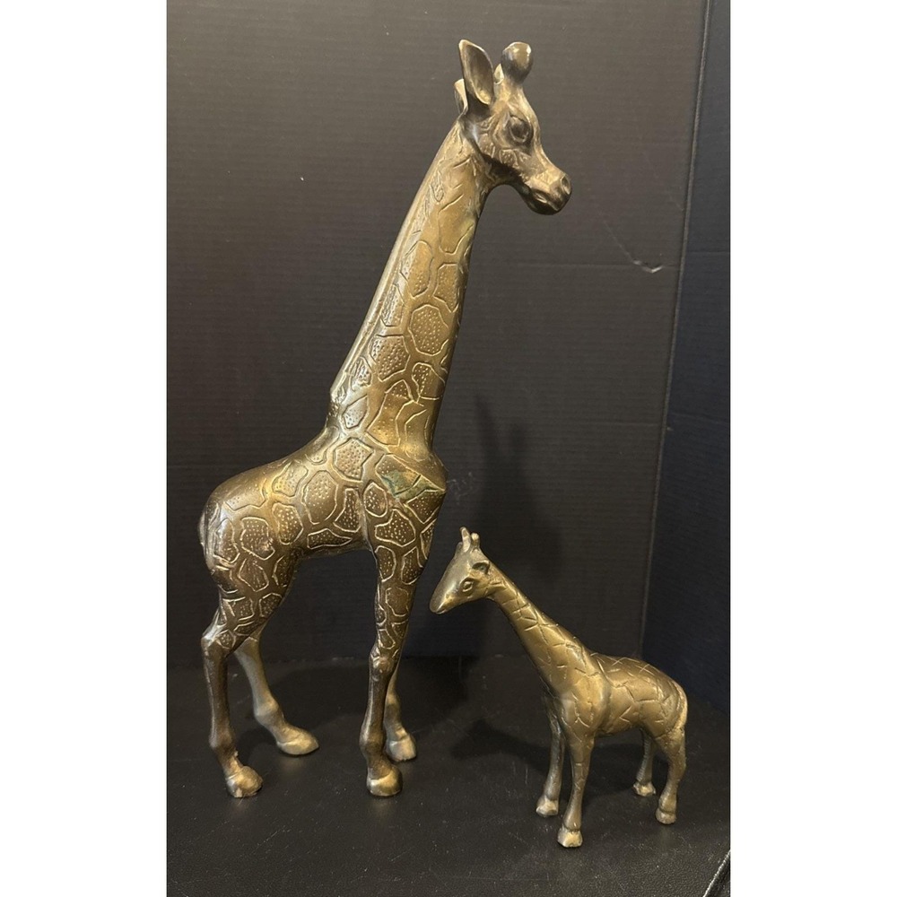 Solid Brass Standing Giraffe Mom Baby Set Of 2 MCM Heavy Decor Regency Vintage